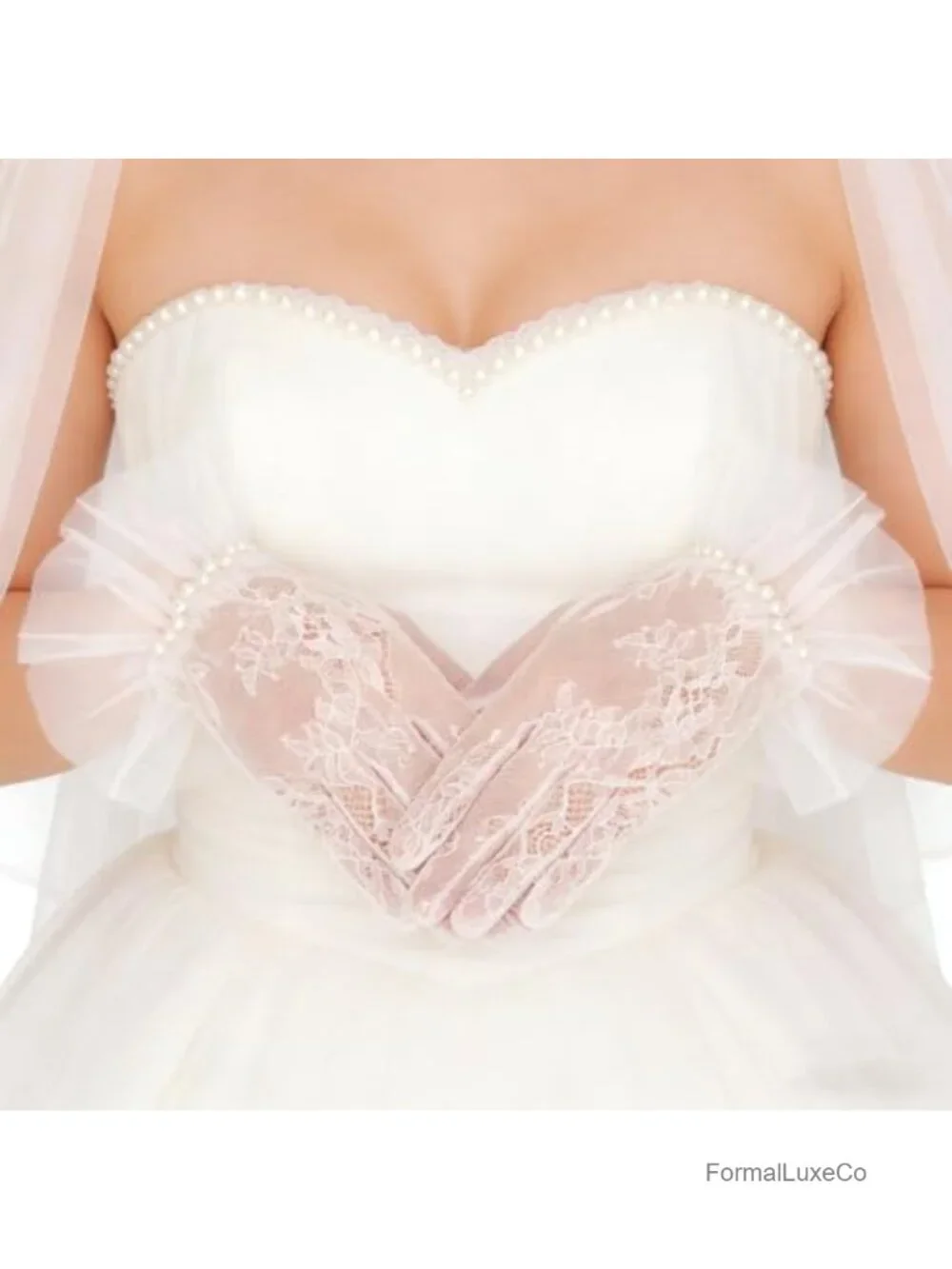 Short Lace Gloves Pearl Tulle Mesh Bridal Wedding Party Opera Gloves